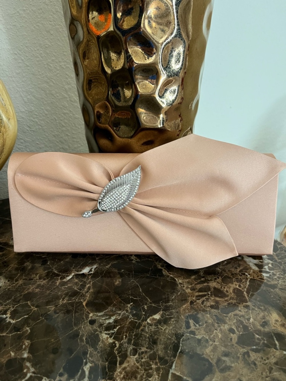 Nina Vintage Soft Satin Pink Clutch/Shoulder Bag w/Rhinestone Petal Detail